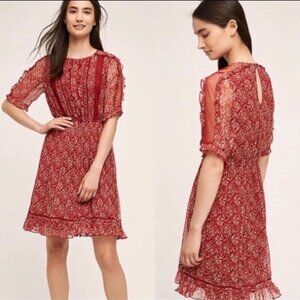 NWT Anthropologie Floreat Red Print Ruffle Lace Sheer Dress